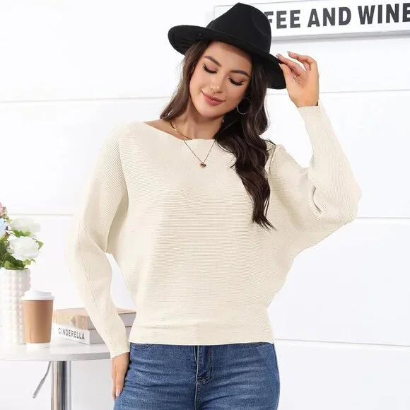 Women's Knit Pullover Sweater Long Sleeve Batwing Casual Soft Jumper Top - Picture 2 of 6